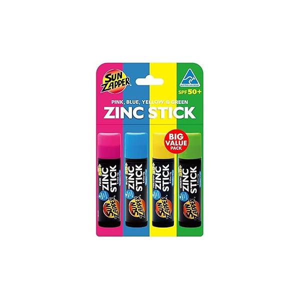 Sun Zapper Zinc Oxide Sunscreen Stick - SPF 50+ Tinted 4-Pack (Pink, Blue, Green, Yellow) Stick, Sunscreen, Water Resistant, Broad Spectrum UVA/UVB, Made in Australia