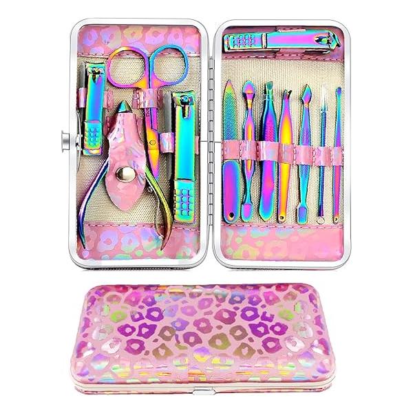Manicure Set Professional Nail Clippers Kit Pedicure Care Tools- Stainless Steel Women Grooming 18Pcs for Travel or Home (Dot Pattern - Rainbow)