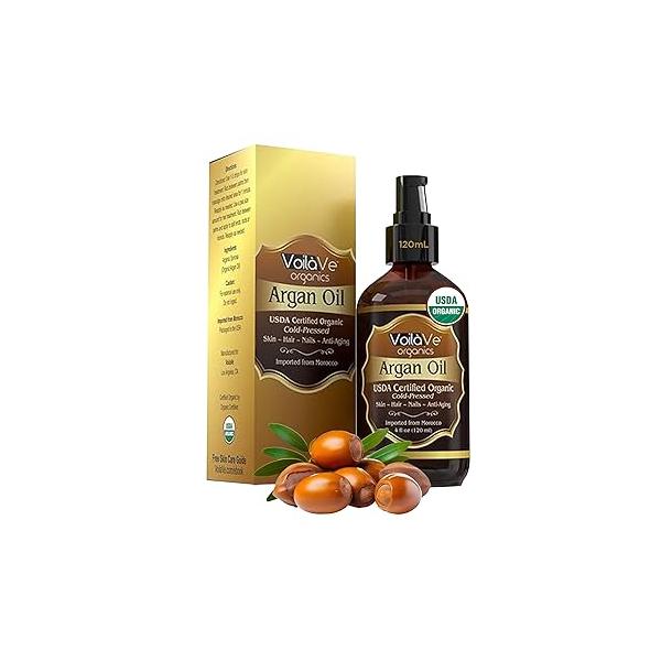 VoilaVe USDA and ECOCERT 100% Pure Organic Moroccan Argan Oil for Skin, Nails & Hair Growth, Anti-Aging Face Moisturizer, Cold Pressed, Rich in Vitamin E, As Seen On TV - 4 fl oz