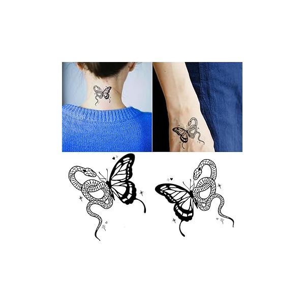 Small Cute Temporary Tattoo Sticker Set of 2 - Snake And Butterfly Designs for Hand Neck Face Wrist, Waterproof Fake Body Art, Simple & Modern Unisex Skin Decals