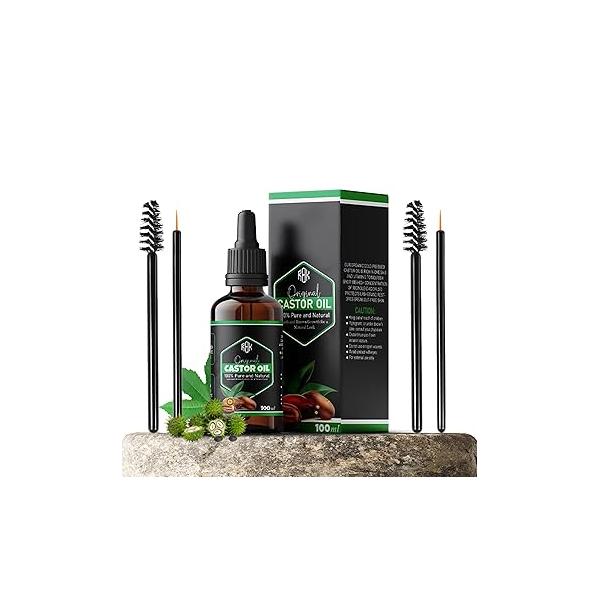 Organic Castor Oil 100% Pure and Natural Cold pressed castor oil for Haircare Skincare Promotes Lash Brown Growth a Look (3.4 fl oz + 2x Eyelash Kit)