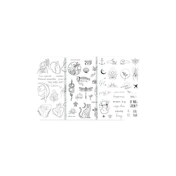 Temporary Tattoo Set of 3 Sheets By Tatsy - Simple, Natural, Hippie Party Fun Tattoos, Fake Body Art for Men and Women, Total 69 Unique Tattoos