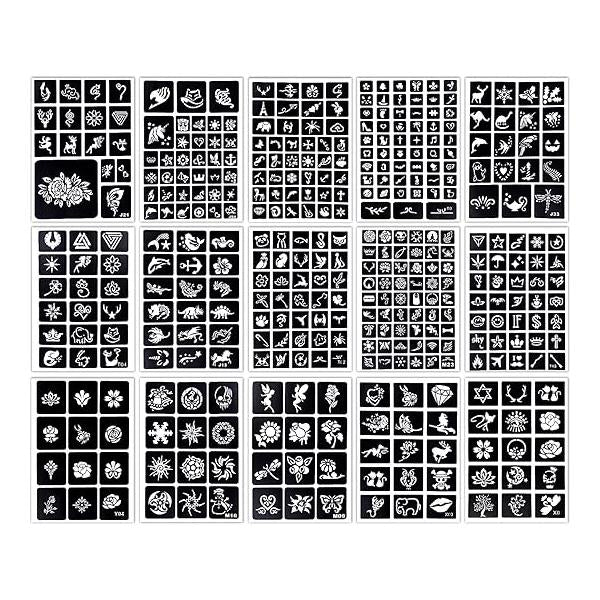 MCPINKY 396PCS Temporary Tattoo Stencils, 15 Sheets Henna Stencil Kit for Women Girls Glitter Semi Permanent Body Art DIY