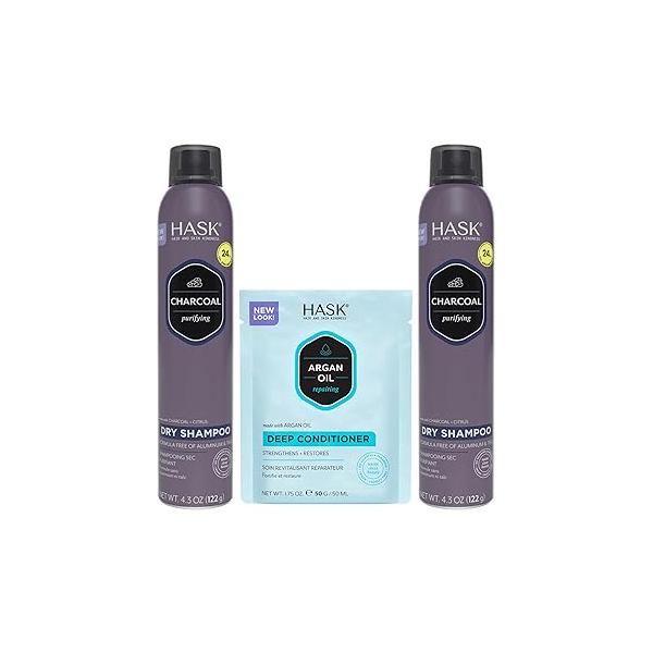 HASK Charcoal Clarifying Dry Shampoo Duo (4.3oz-Qty 2) & Argan Oil Repairing Deep Conditioner Packette, Aluminum-Free, Sulfate-Free, Paraben-Free, Color Safe, for All Hair Types