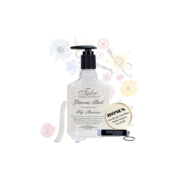 Worldwide Nutrition Bundle: Tyler High Maintenance Hand Lotion - Scented and Small Cream For Dry Hands 8 Oz Travel Size Luxury Moisturizer Multi-Purpose Key Chain