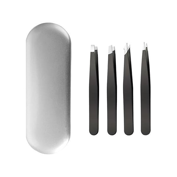 Tweezers for Eyebrows, 4-piece Slant Tip and Pointed Eyebrow Tweezer Set with box Precision Women Men