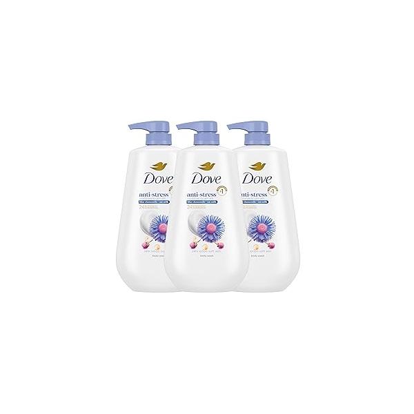 Dove Body Wash with Pump 3 Count Anti-Stress Blue Chamomile & Oat Milk, for 24hr Lotion-Soft Skin Moisturizing Cleanser No Sulfates Parabens