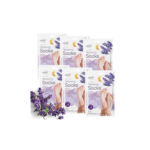 Epielle Relaxing Foot Masks 6 Pairs, Deep Moisturizing Socks for Dry Feet & Cracked Heels, Relieve and Soften with Melatonin Lavender Extract, Korean Skin Care, Spa, Self Care Gifts Women