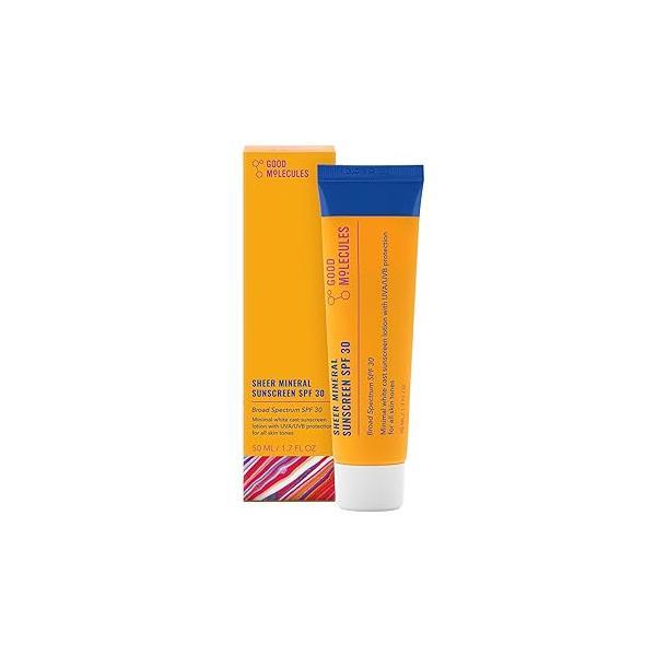 Good Molecules Sheer Mineral Sunscreen SPF 30 - Minimal White Cast Zinc Oxide For Face Hydrating Hyaluronic Acid, UVA/UVB Protection, Reef-Safe