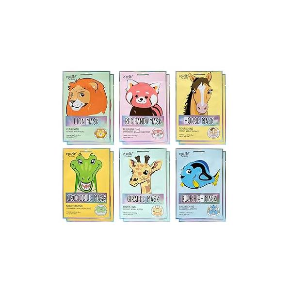 Epielle Animal Character Sheet Masks 6 Pack, Moisturizing & Hydrating Face Mask with Hyaluronic Acid Botanical Extract, Korean Skin Care, Girls Spa Party Favors, Sleepover, Self Care Gifts for Women
