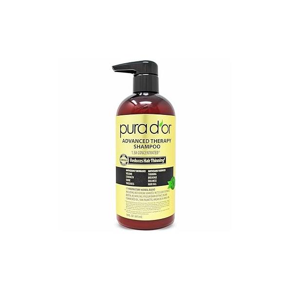 PURA D'OR 16 Oz Advanced Therapy Shampoo Reduces Hair Thinning & Increases Volume, No Sulfate, Biotin Infused with Argan Oil, Aloe Vera for All Types, Men Women