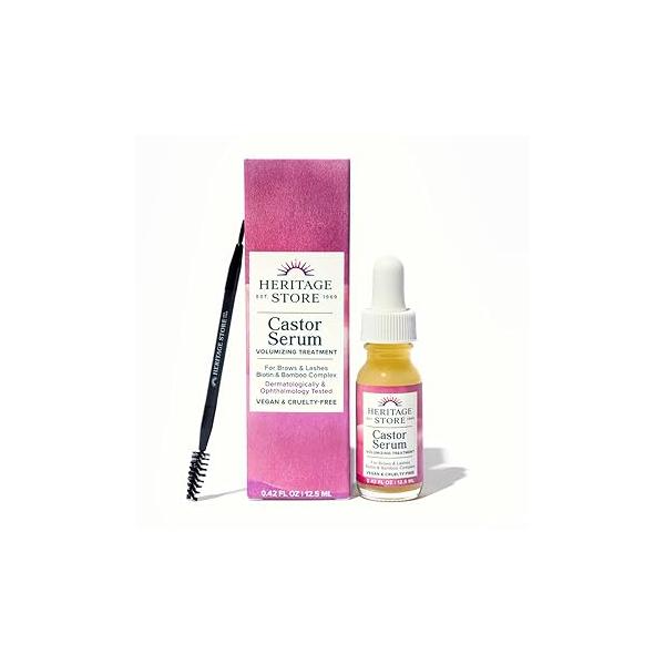 HERITAGE STORE Castor Oil Serum Volumizing Treatment for Fuller, Longer Looking Eyelashes, Bold Brows - Ophthalmology Tested Lash w/Organic Oil, Black Biotin, Vegan, 0.42oz