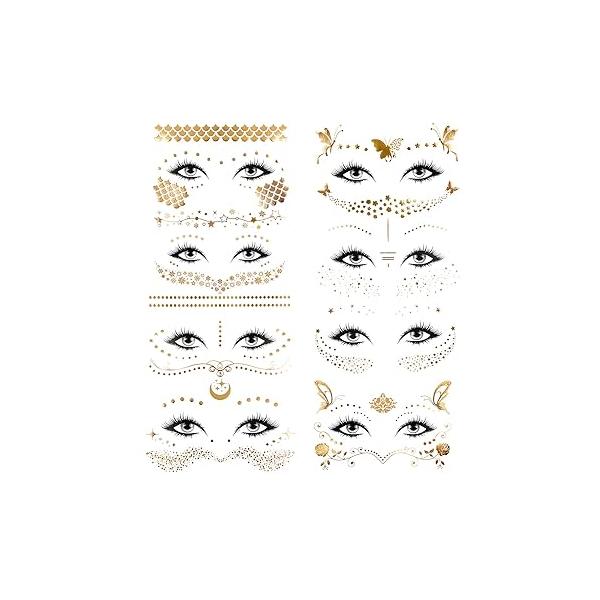 Konsait 8 Sheets Face Tattoo Sticker Metallic Temporary Transfer Waterproof Jewels for Women Girls Make Up Dancer Costume Parties, Shimmer Glitter Gold Tattoos,Butterfly Star Freckle Scale