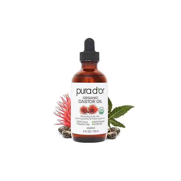 PURA D'OR 4 Oz ORGANIC Castor Oil - 100% Pure USDA Certified Cold Pressed, Hexane Free Eyelash & Eyebrow Serum For Fuller, Thicker Lashes Brows Skin Hair