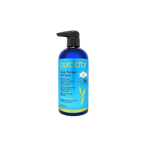 PURA D'OR Therapy Shampoo (16oz) Hydrates & Nourishes - Scalp Care For Itchy Flaky w/ Tea Tree, Peppermint, Patchouli, Cedarwood, Clary Sage, Argan Oil (Packaging may vary)