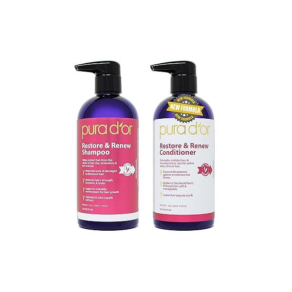 PURA D'OR Restore & Renew Shampoo and Conditioner Set for Strong, Healthy, Nourished Hair with Organic Aloe Vera, Rosemary, Sea Buckthorn, Cacay, Coconut, Seaberry Cedarwood