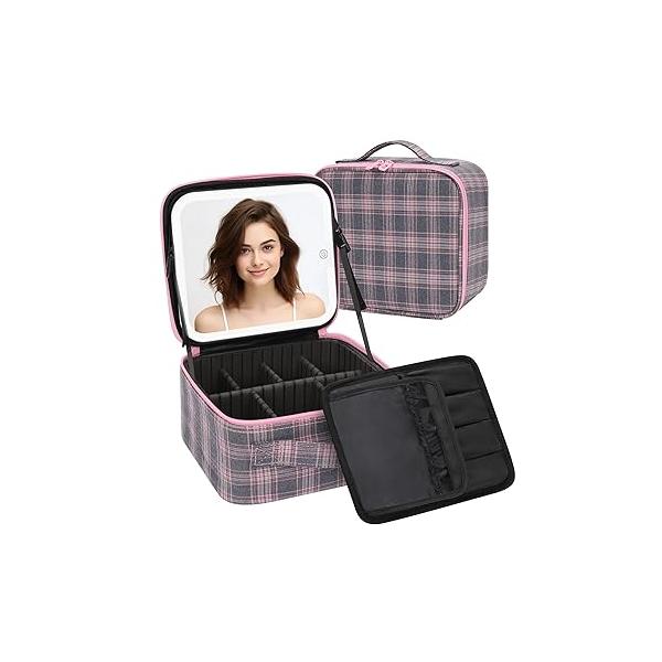 Makeup Bag With LED Mirror, Travel Case with Light up Mirror Large Cosmetic 3 Color Lighted Portable Organizer Adjustable Dividers(Black)