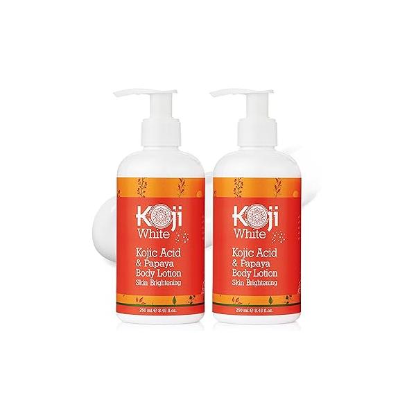 Koji White Kojic Acid & Papaya Body Lotion, Women Gift Sets for Exfoliating, Skin Brightening, Moisturizer, Radiance, Even Tone, Age Spots Sun Damaged, Vegan, Paraben-Free, 8.45 Fl Oz (2 Bottles)