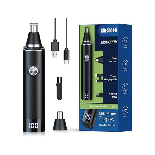 Ear & Nose Hair Trimmer with LED Display for Men Women,Painless USB Rechargeable Eyebrow Facial Clipper,Professional IPX7 Waterproof Dual Edge Blades 12500 RPM (Black)