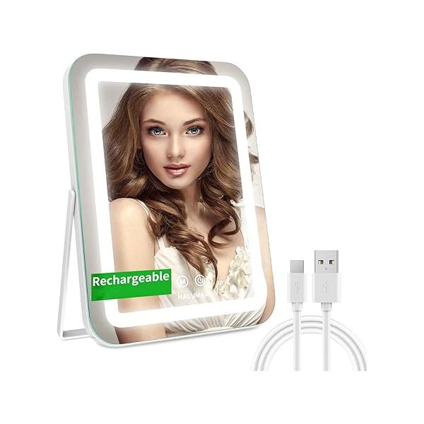 Vanity Mirror with Lights, 14.5" Light Up Makeup Mirror, LED Lights for Bedroom Tabletop, Smart Touch Control 3 Colors Dimmable, 360° Rotation