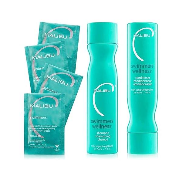 Malibu C Swimmers Wellness Collection - Shampoo and Conditioner Set + Hair Mask Packets Moisturizing, Shine Restoring Care Kit Protects Discoloration from Pool Elements (6 Ct)
