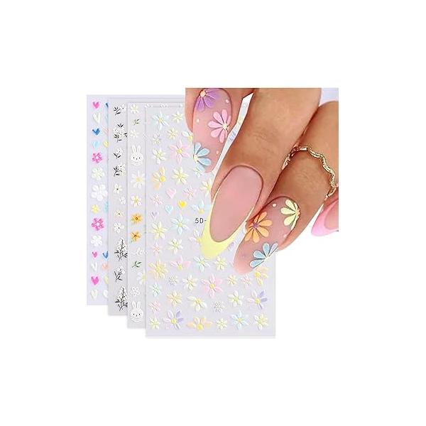 Flower Nail Art Stickers 5D Embossed Decals Spring Summer Self-Adhesive Nails Supplies Accessories 3D for Women Design Decoration