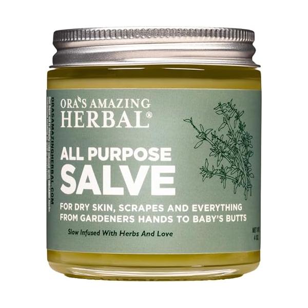 Ora's Amazing Herbal All Purpose Salve, Healing Skin Balm with Tea Tree, Natural Cream for Dry Cracked Hands, Comfrey Calendula Plantain Thyme Beeswax, Soothing Itch Relief, 4 oz