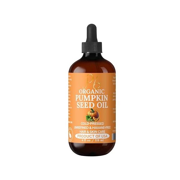 Organic Pumpkin Seed Oil, Cold-Pressed, 100% Pure Oil for Hair Growth, Dry Skin, Anti-Aging Face Dry, Damaged - Glass Bottle, 4 fl oz