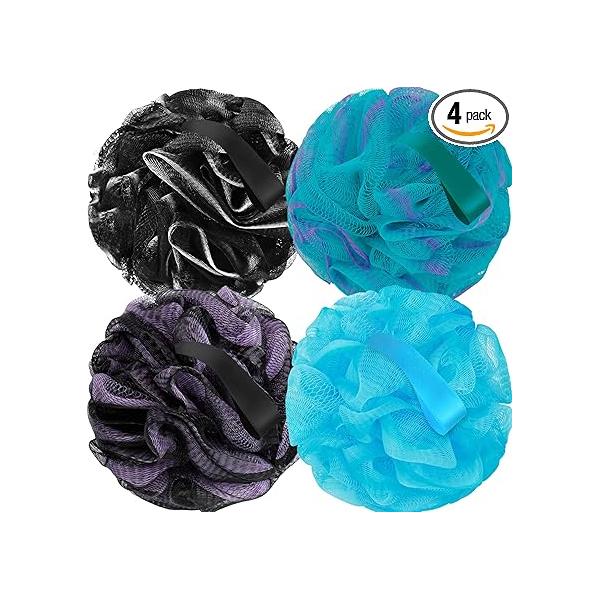 Loofah Sponge Soft Mesh Shower Puffs for Body Wash Bath Scrubber Women & Men Exfoliator-Bathing Accessories(60G L 4Pcs)