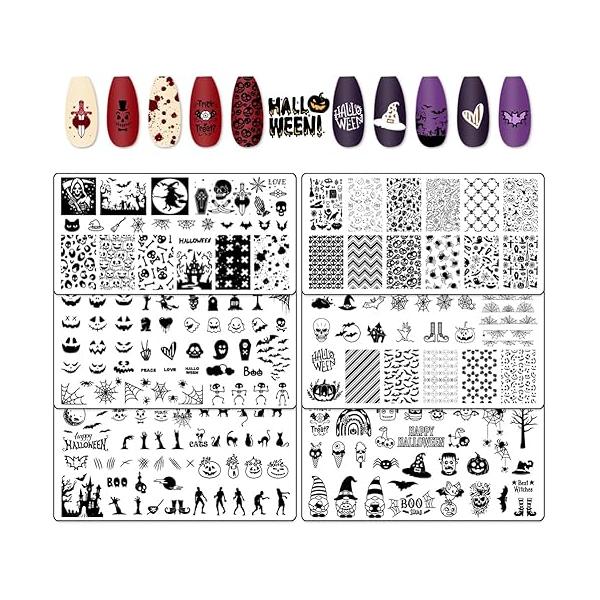 Hying 6pcs Halloween Nail Art Stamping Plates for Women Art, Stainless Steel Jack-o'-Lantern Skull Template Set Decoration Skeleton Ghost Bats Stamp Templates Kit