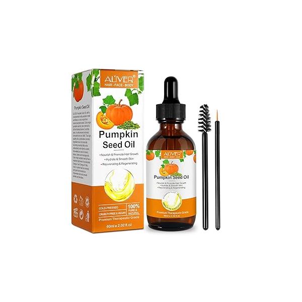 Organic Pumpkin Seed Oil for Hair Growth & Scalp Care - Cold Pressed, Pure Natural Serum to Strengthen, Repair Dry Damaged Hair, Moisturize Skin, Face Body 2.02 Fl Oz