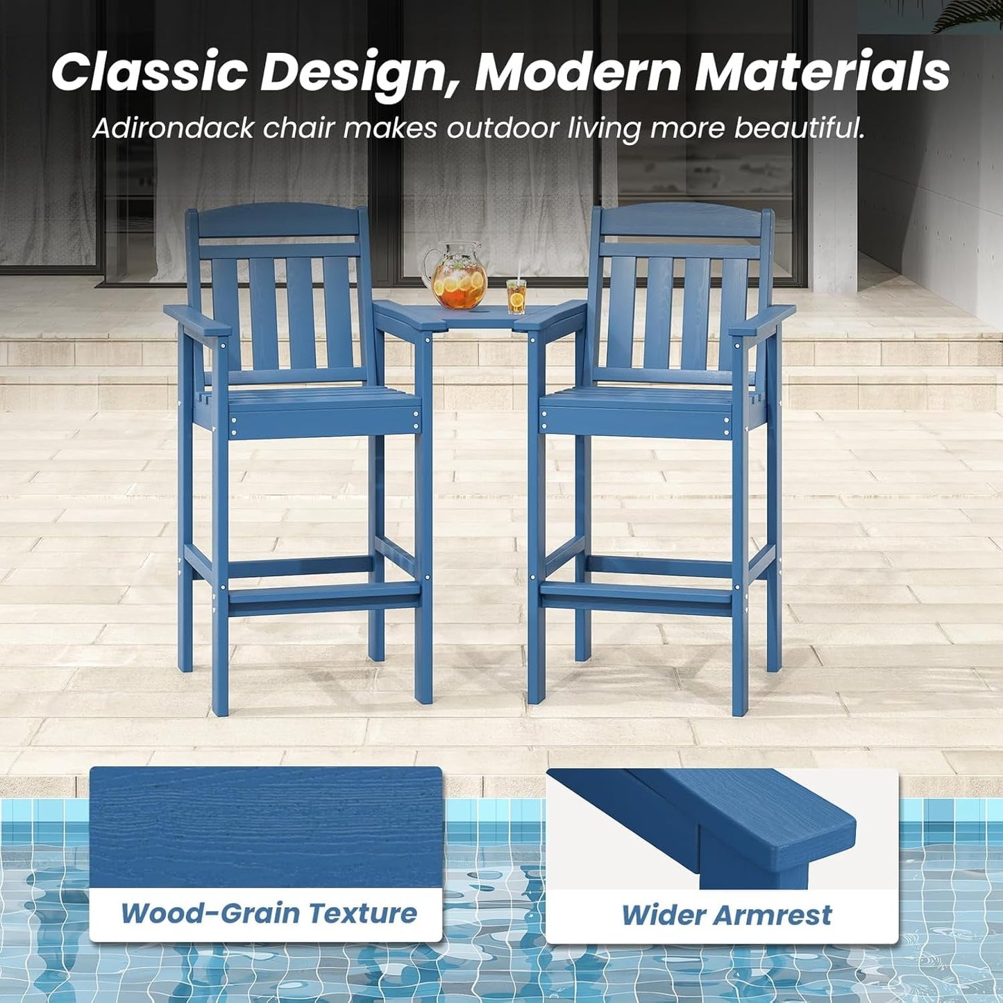 STARY Tall Adirondack Chairs Set of 2, HDPE Adirondack Bar Stools with Connecting Tray, Bar Height Adirondack Chair Patio Barstool, Ideal All Weather Tall Patio Chair for Balcony, Poolside, Backyard