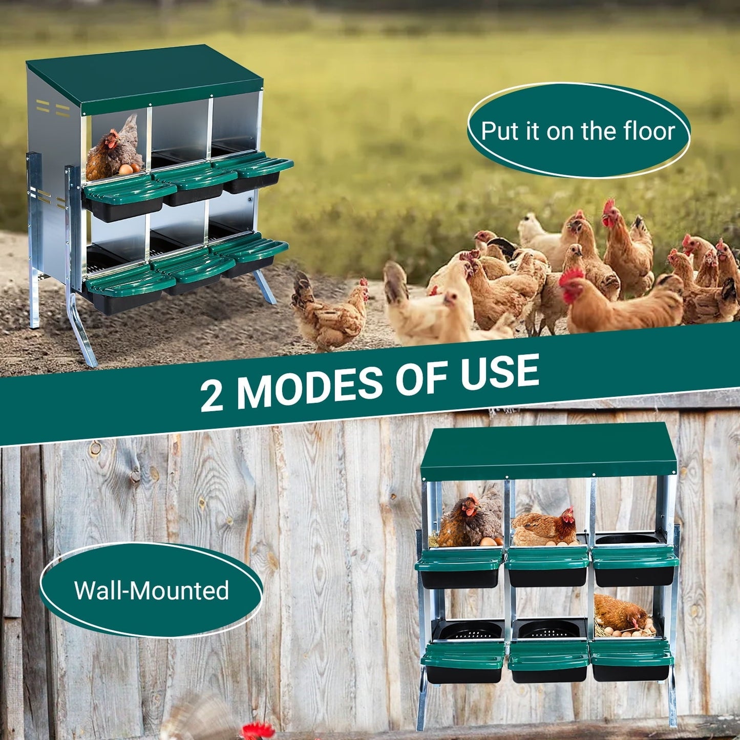M optimized Chicken Nesting Box with 6 Compartments & Bracket Legs, Roll Away Laying Boxes for Hens, Lid Cover for Chicken Coop