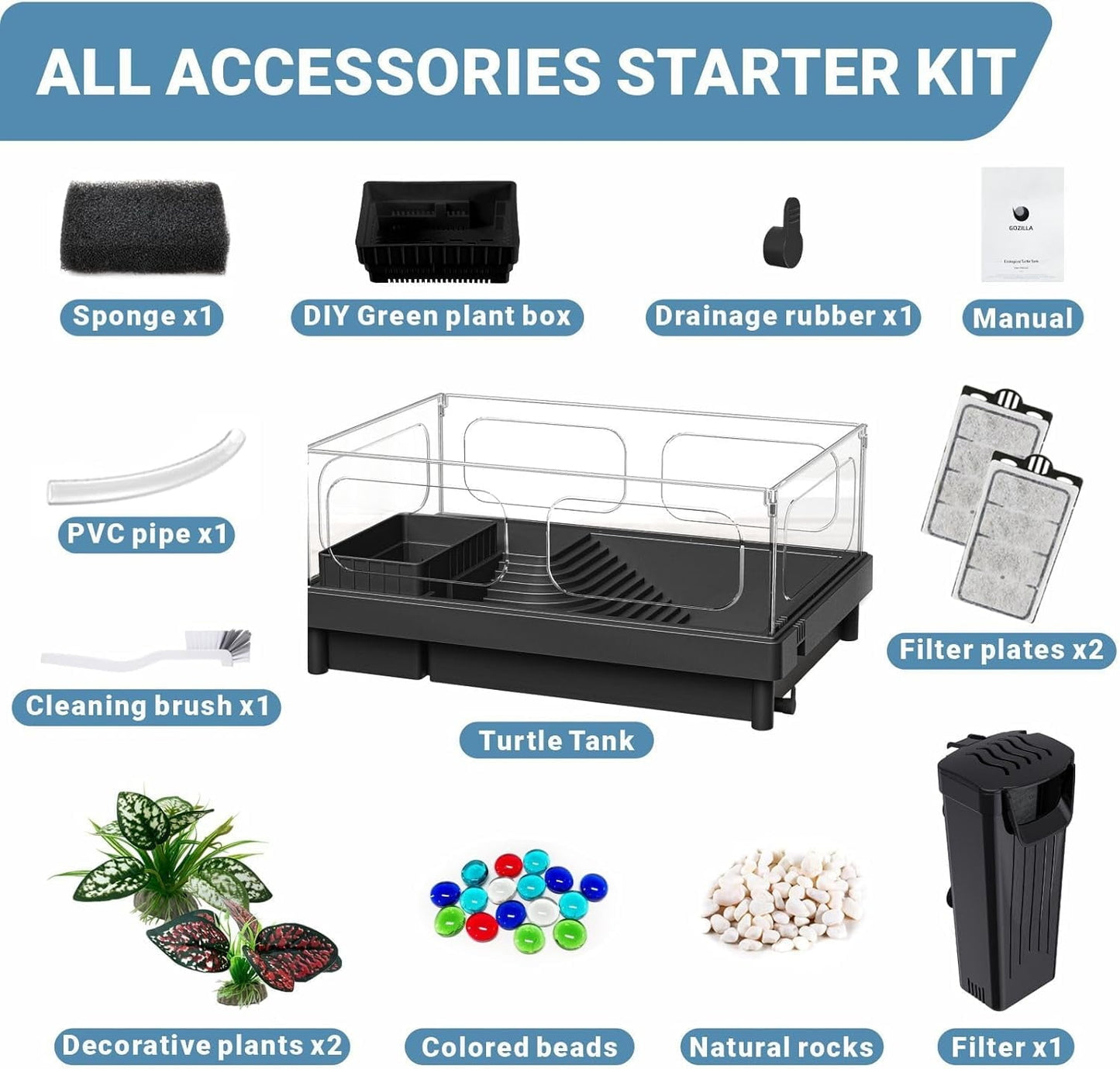 Small Turtle Tank Kit(Tank+Lamp+Filter), Acrylic Turtle Starter Kit with Adjustable Lamp, Reptile Habitat and Terrarium with Multi-Functional Areas for Small Reptiles. (Black Kit)