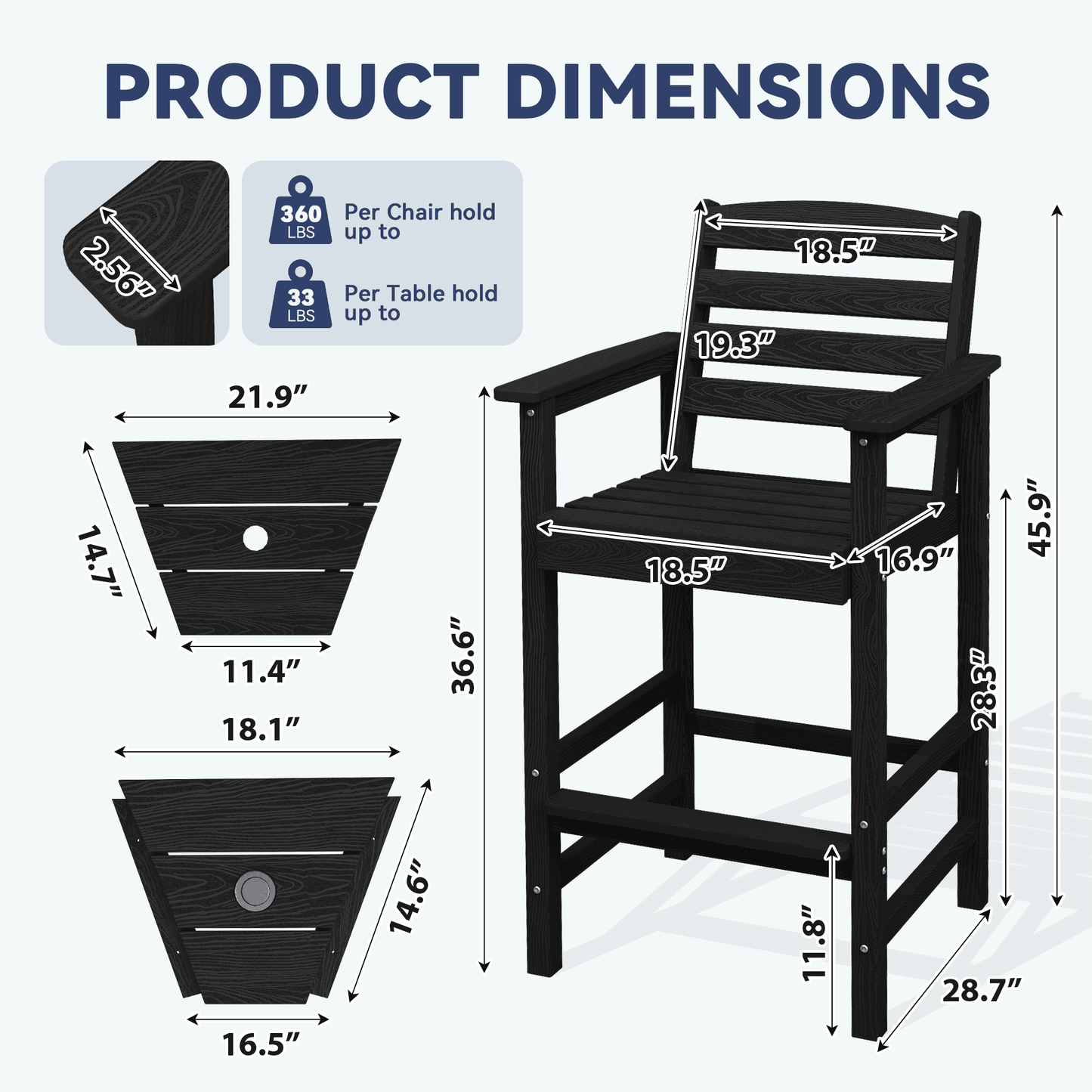 JUSTLET Tall Adirondack Chair Set of 2 with Double Connecting Tray, HDPE Outdoor Weather Resistant Patio Bar Stools for Patio, Balcony, Porch, Black