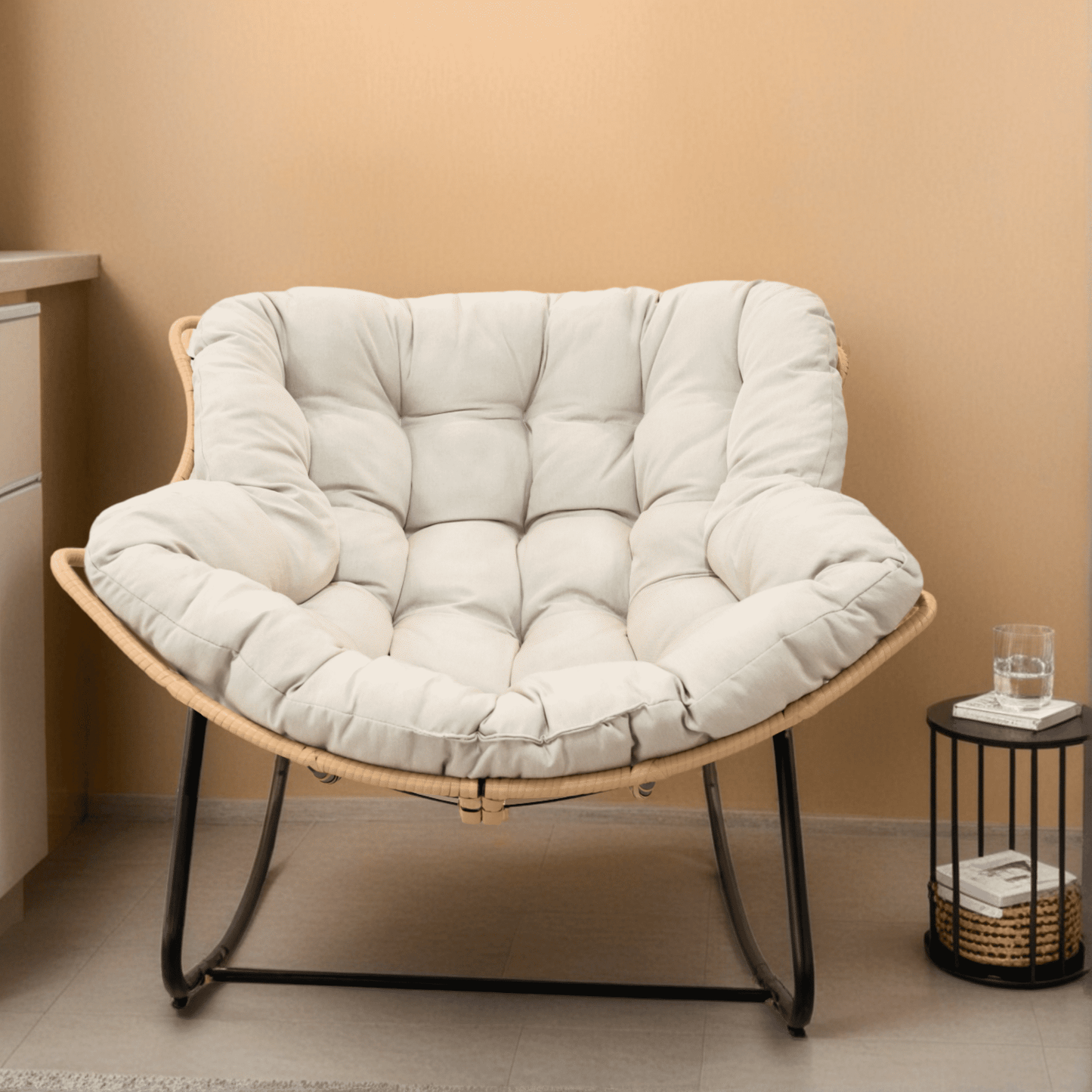 Rocking Chairs Outdoor Rocking Chair, Patio Egg Rocking Chair, Indoor Papasan Chair, Rattan Wicker Lounge Chair, Modern Royal Chair for Bedroom, Living Room, Porch, Garden,Lawn-Beige,Wooden Rocking C