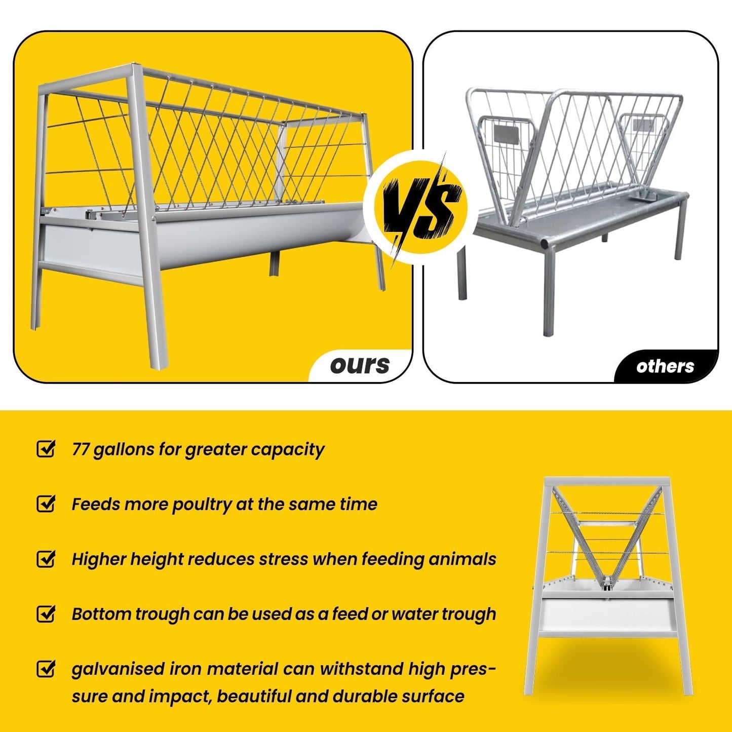 Large 77 Gallon Goat Hay Feeder - 2-in-1 Galvanized Steel Livestock Feeder for Horses, Sheep & Farm Animals - Heavy Duty Spill-Proof Design