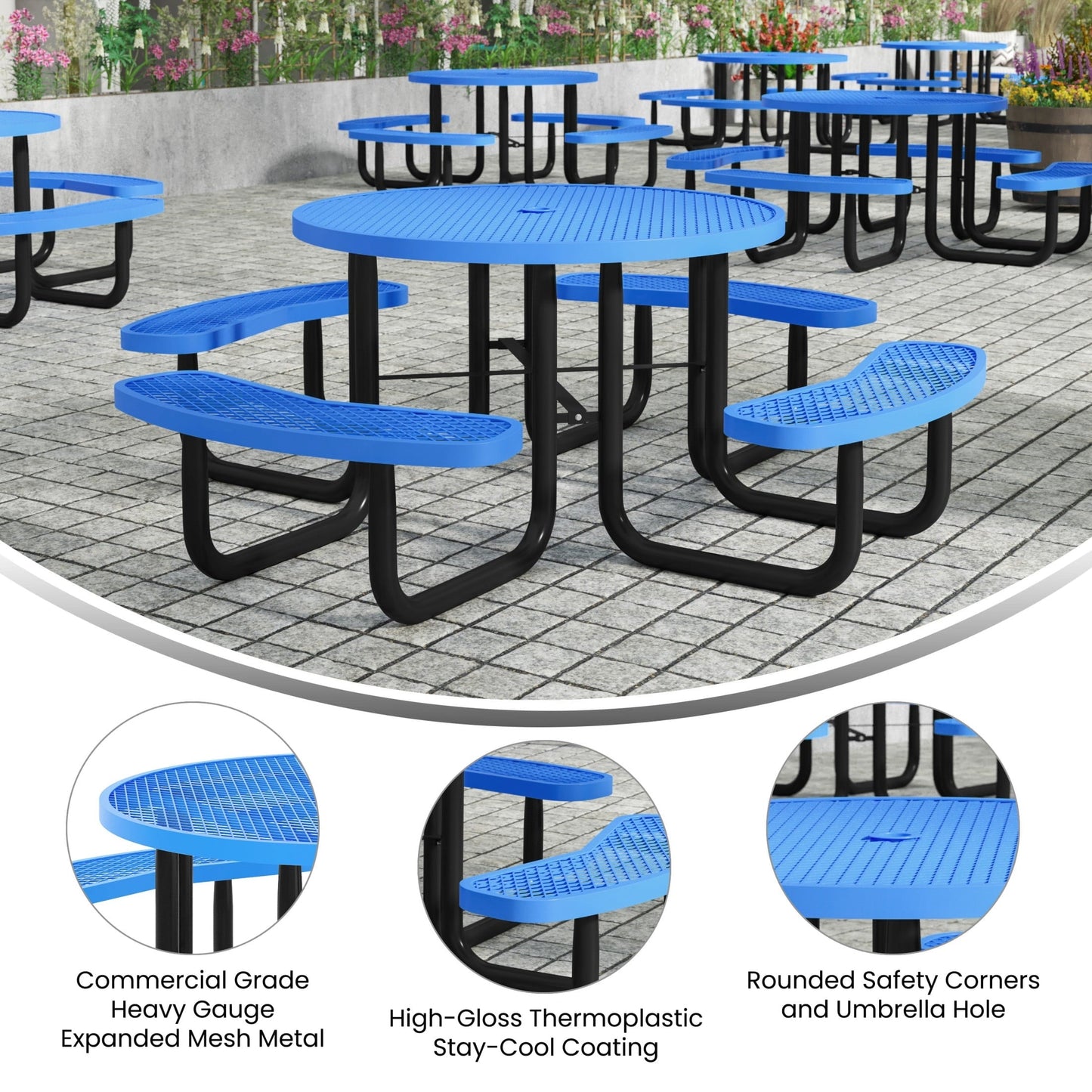 Flash Furniture 46" Round Outdoor Picnic Table with Commercial Heavy Gauge Expanded Metal Mesh Seats and Top with Umbrella Hole and Ground Anchors, Blue