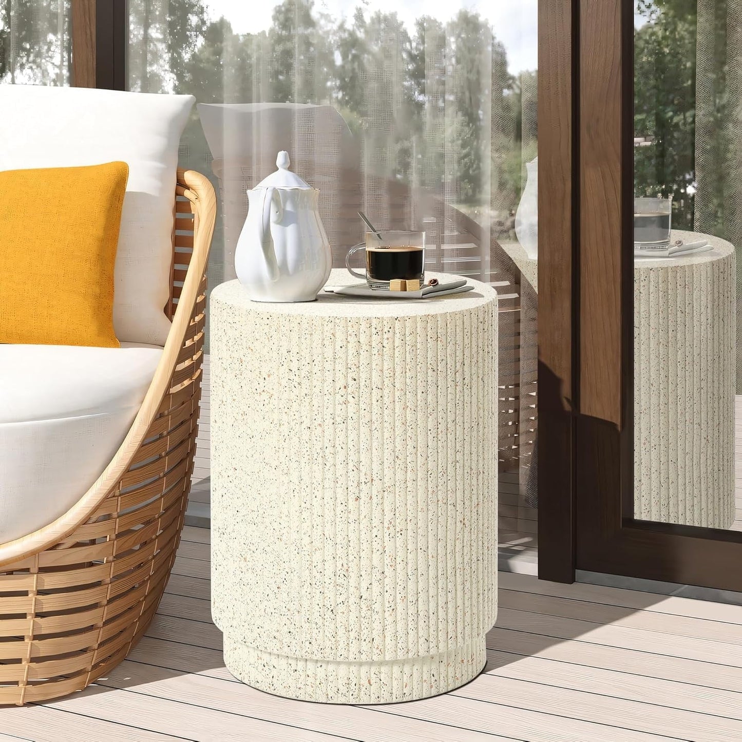 LuxenHome Cream Cement Round Outdoor Side Table, End Tables for Patio, Garden Small Accent Decorative Stool,  Stand Drum Table Indoor and Outdoor