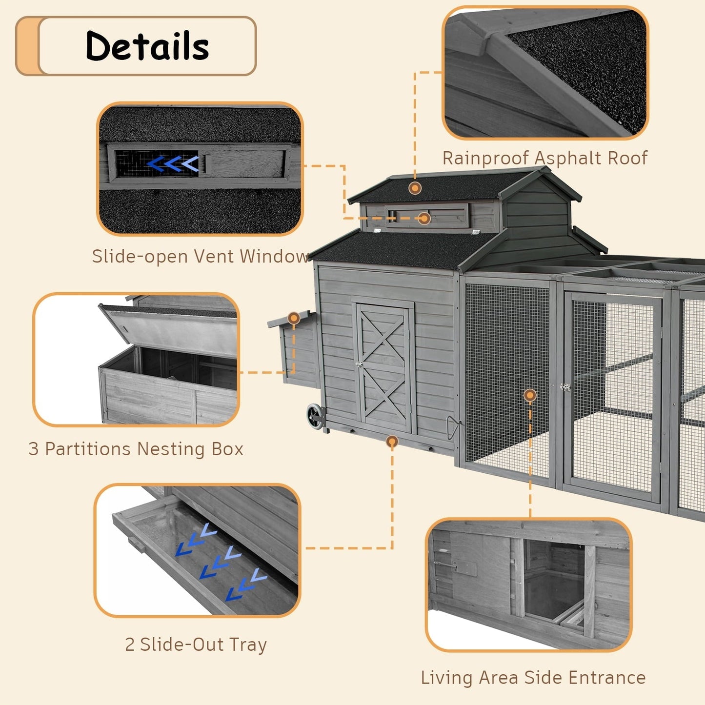 Chicken Coop for 6-10 Chickens, 112" Extal Large Chicken Coops, with Chicken Run & Nesting Box & Secure Enclosure, Outdoor Wooden Hen House Hutch for Rabbit, Poultry Pet, Duck