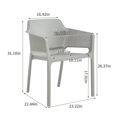 3 Piece Plastic Arm Chair Bistro Grs Premium Ocean Plastic, Light Grey