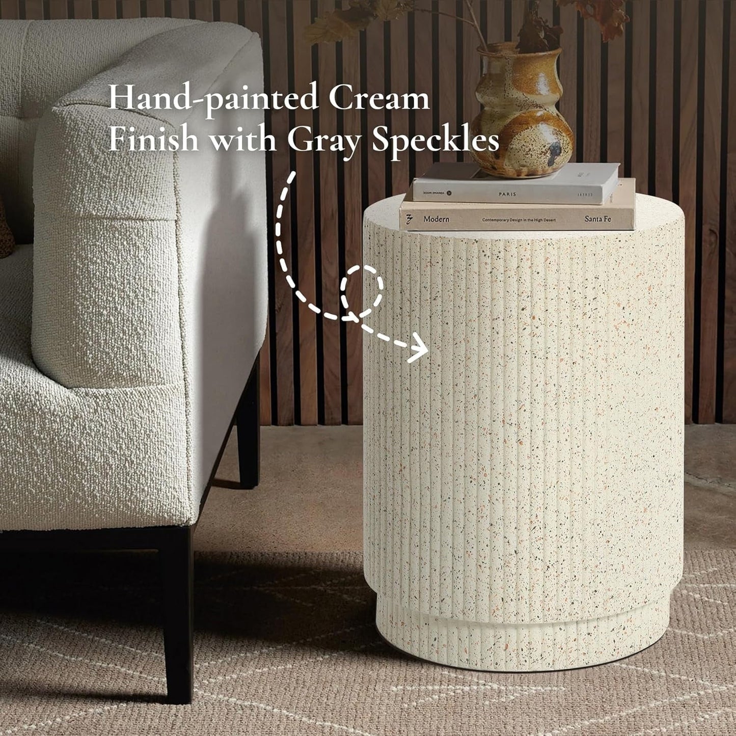 LuxenHome Cream Cement Round Outdoor Side Table, End Tables for Patio, Garden Small Accent Decorative Stool,  Stand Drum Table Indoor and Outdoor