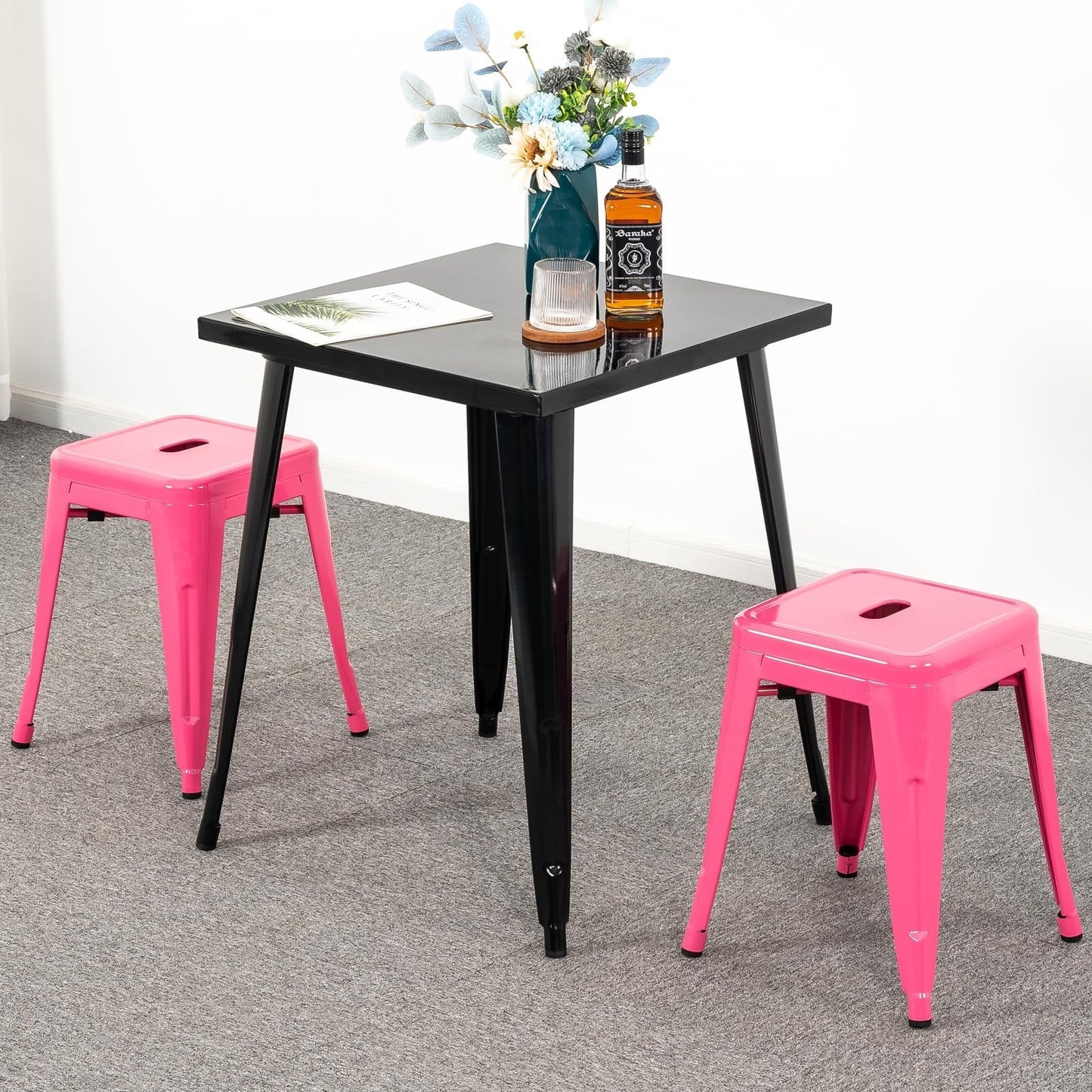 18 Inch Bar Stools Set of 2, Stackable Backless Industrial Metal Barstools for Indoor Outdoor Kitchen Dining Patio Garden Classroom (Hot Pink)