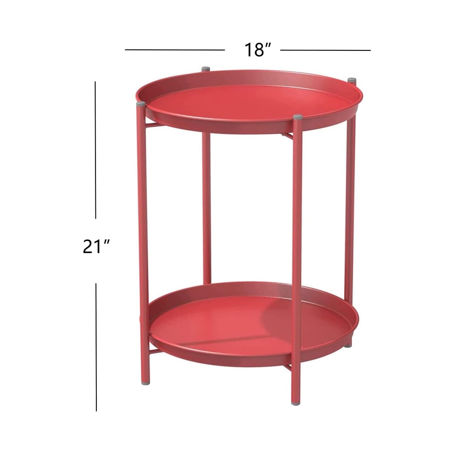 Modern Two-Tier Round Side Table - Dual-Layer Metal Design with Non-Slip Gray Feet, Space-Saving Accent Table for Living Room/Bedroom - Red