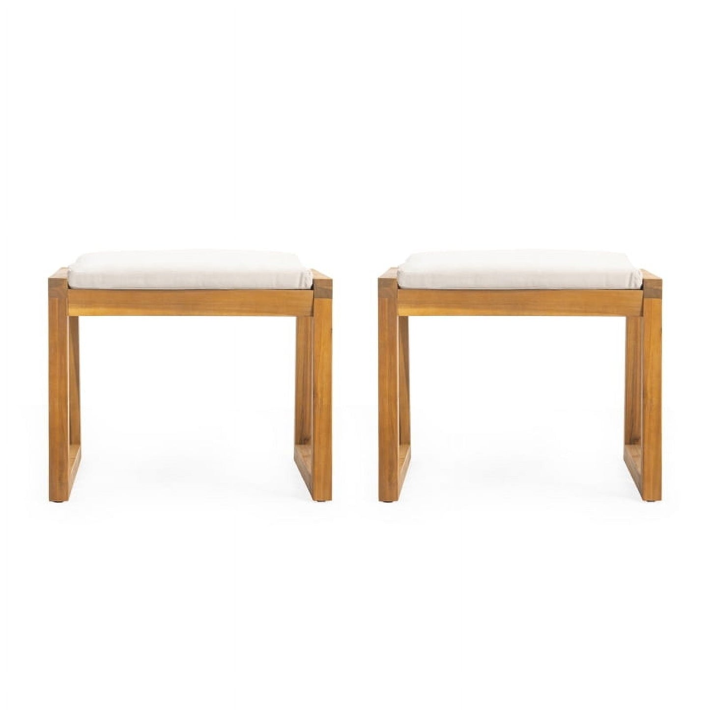 Acacia Wood Outdoor Ottoman Bench Set of 2, Waterproof Teak Finish Patio Footrest Stools with Beige Cushions, Modern Minimalist Pool Deck Seating for Garden, Backyard, 19.75" Height