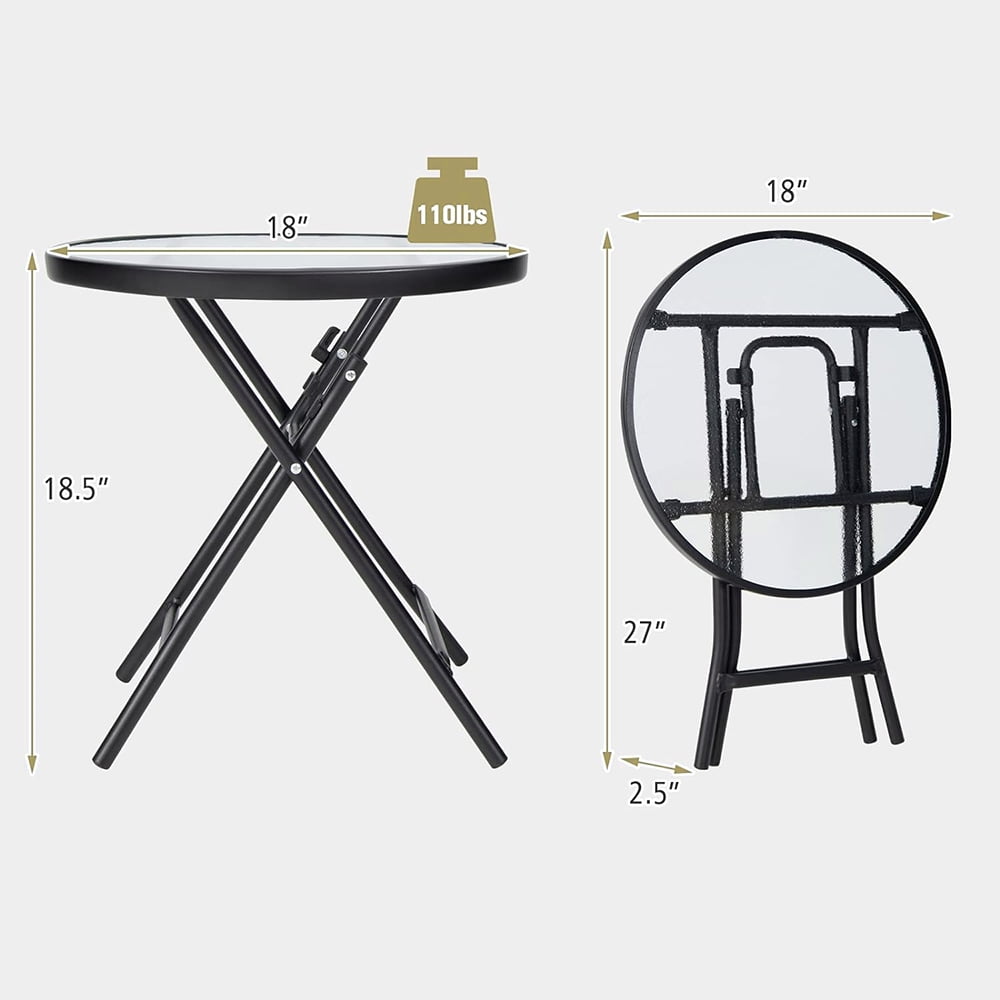 Outdoor Side Table, Folding Small Patio Table, Round Outdoor End Table with Tempered Glass Tabletop, Steel Frame, Footpads for Yard, Lawn, Balcony, Garden, Poolside
