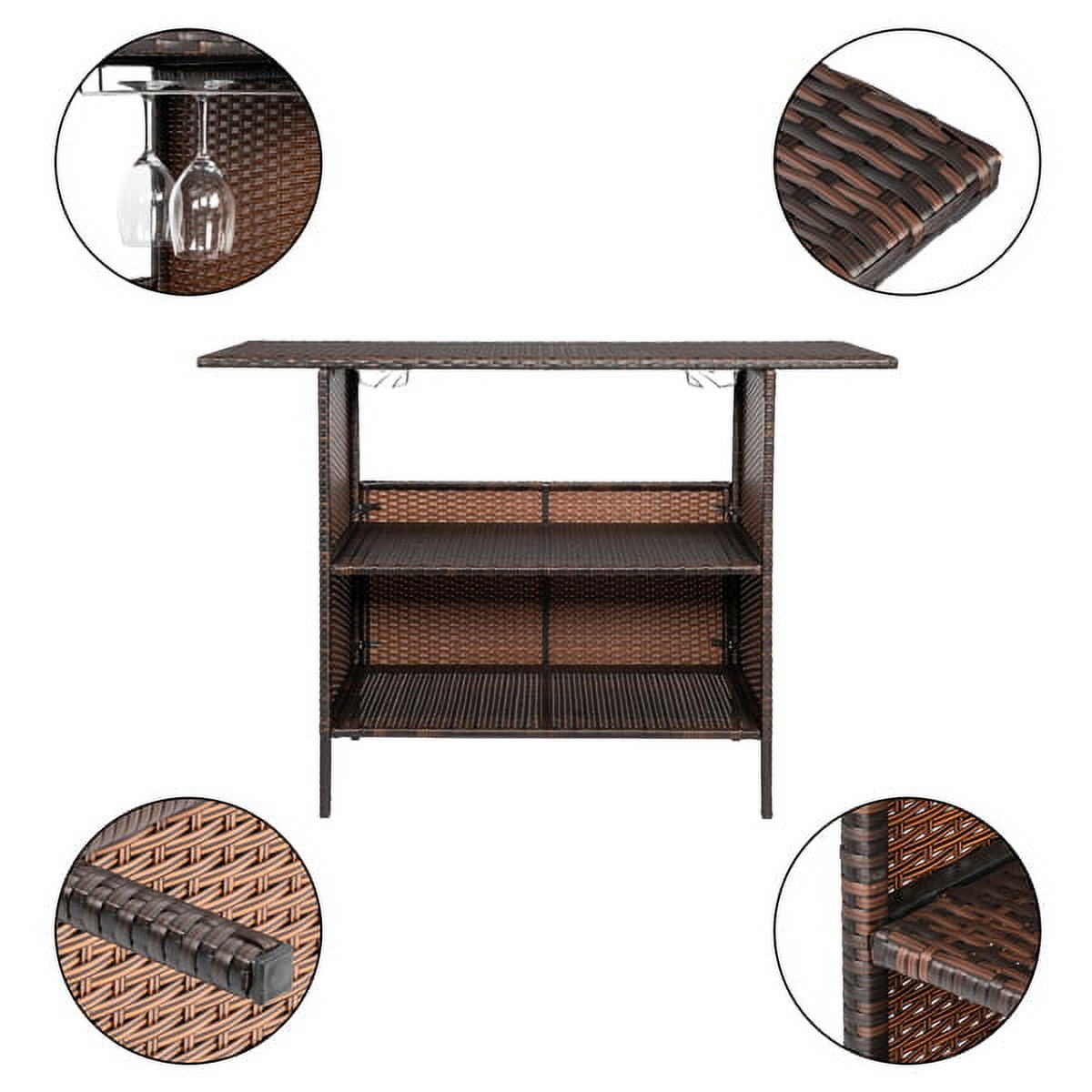 Modern Gradient Rattan Bar Table – Industrial-Style High Table with Stainless Steel Holders (55"L x 18"W x 36"H, Brown Ombre)