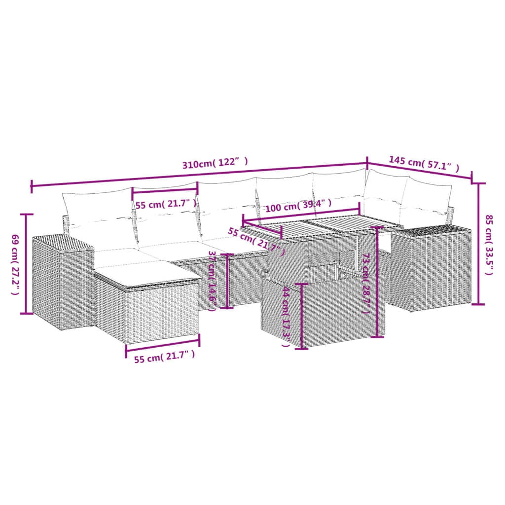 vidaXL Garden Sofa Set Grey PE rattan Large Adjustable Armrests