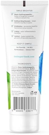 SuperTeeth Whitening Nano Hydroxyapatite (nHAp) Toothpaste for Adults & Kids | Sodium Bicarbonate | Fluoride-Free | Remineralizing | Xylitol | CoQ10 | Prebiotic | Mint | SLS-Free | Made in USA