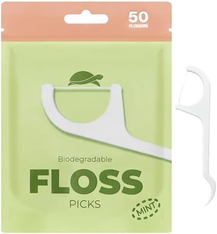 Sea Turtle Dental Floss Picks - Corn Starch Handle - Thin Thread Tooth Flossers - Mint (50)